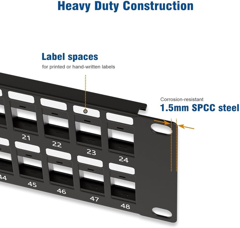 iwillink Blank Keystone Patch Panel 48 Port, 2U 19" Network Patch Panel for Keystone Jacks, Dust-Proof Design, 2-Pack - Image 3